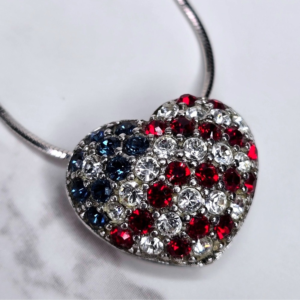 925 Sterling Silver Patriotic American Flag Heart Crystal Pendant Necklace 16in